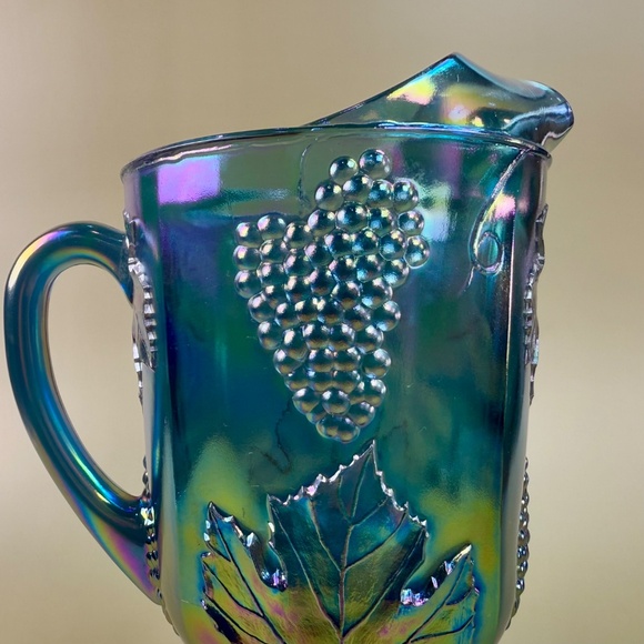 Vintage Indiana Glass Blue Carnival Grape Vine Pitcher | Iridescent Pedestal - Picture 6 of 16